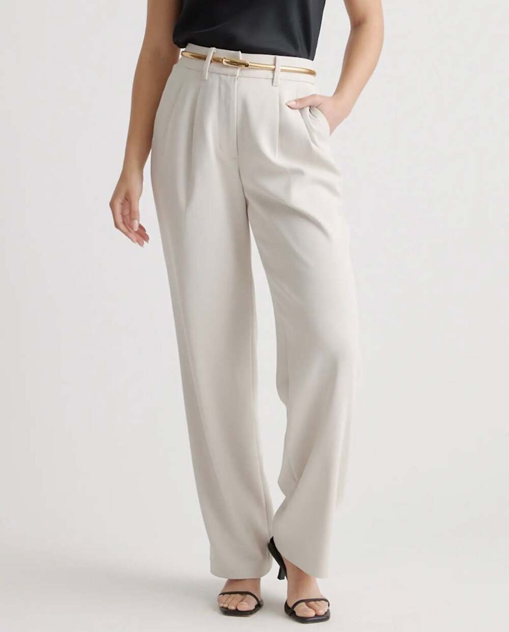 Brand New Quince Stretch Crepe Pleated Wide Leg Pants Sand High Waist Trousers S